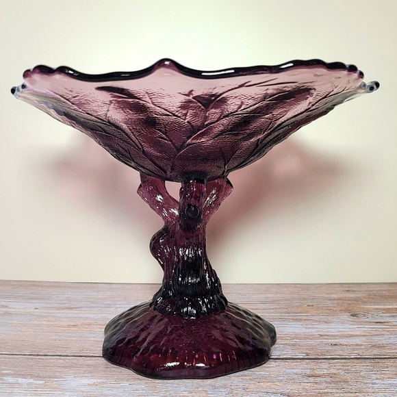 Portieux Vallerysthal Amethyst Glass Botanical Tree Trunk Pedestal Compote VTG - Picture 3 of 16